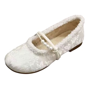 新中式秋冬珍珠玛丽珍鞋女加绒平跟浅口布面棉鞋轻便保暖舒适圆头