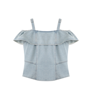 FFBLUE 盐盐夏至 清爽夏日复古一字领牛仔上衣长款蓝色牛仔裤套装