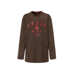 LEDIM WANG复古豹纹印花T恤女休闲内搭宽松长袖上衣25秋冬新款