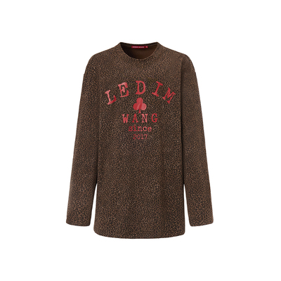 LEDIM WANG复古豹纹印花T恤女休闲内搭宽松长袖上衣25秋冬新款