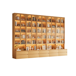 书柜家用带玻璃门客厅一体整墙现代轻奢定制储物柜实木书架展示柜