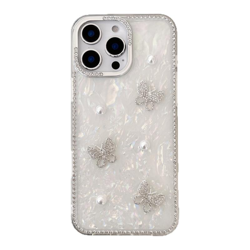 【贝壳纹系列】DIY水钻蝴蝶轻奢珍珠韩潮ins风镶钻镜框适用iphone16promax保护套15全包苹果手机壳14防指