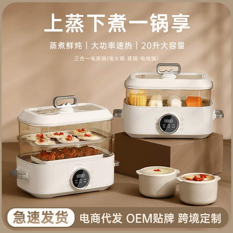 电蒸锅家用多层蒸锅蒸煮早餐茏炖多功能一体机电箱带炒锅蒸电火锅