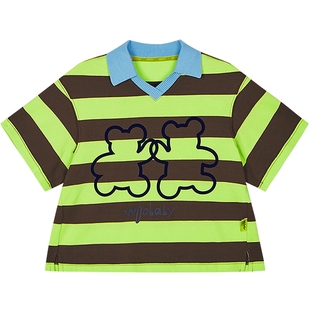 woobaby儿童短袖polo衫男女童25夏季条纹复古撞色T恤上衣