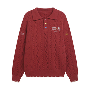 BIPOLAR多彩纽扣绞花翻领套头针织衫宽松休闲polo领上衣百搭毛衣