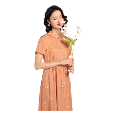 弹力双绉印花桑蚕丝短袖连衣裙