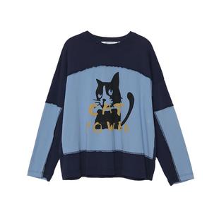 MOVEUP幻走2024春季新款.FUN系列 纯棉印花拼接上衣短款t恤女长袖