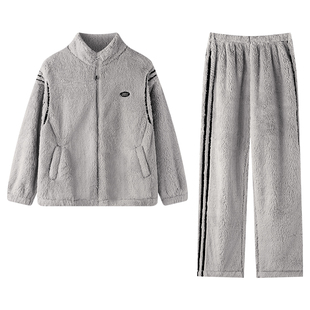 贝妍冬季加厚珊瑚绒情侣睡衣时尚运动风男女保暖法兰绒家居服套装