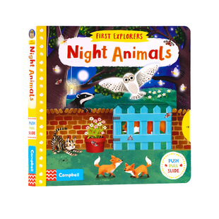 小小探险家系列机关操作书夜行动物First Explorers Night Animals英文原版绘本 幼儿童科普启蒙抽拉滑动机关操作纸板书亲子玩具书