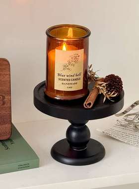 黑色复古木质香薰托盘摆件中古风玄关收纳盘置物盘圆形高脚展示盘