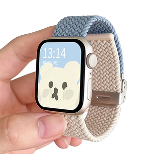 适用苹果iwatchs10/9/8/7/6/5/SE尼龙拼色弹力iwatch/ultra2金属卡扣applewatch表带编织女生小众38/40/41mm