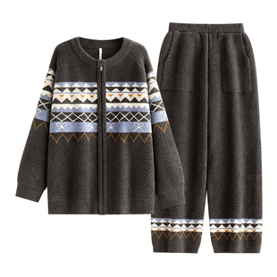 悦内半边绒睡衣女秋冬季冬款珊瑚绒加厚家居服复古费尔岛冬天保暖