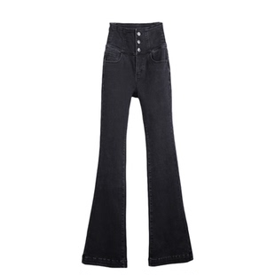 新款深灰黑色排扣收腹高腰微喇磨毛加绒厚牛仔裤加长女裤