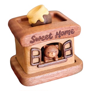 小熊维尼房子手摇音乐盒摆件实木儿童节女生情人节八音盒生日礼物
