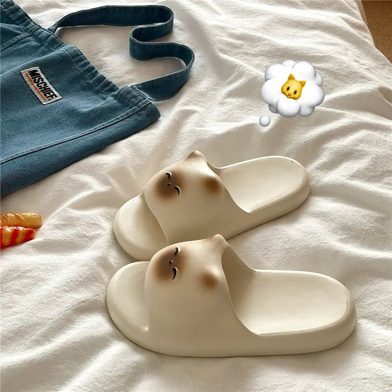 吐司小猫~可爱ins厚底一字拖鞋女居家浴室防滑软底凉拖夏季外穿鞋
