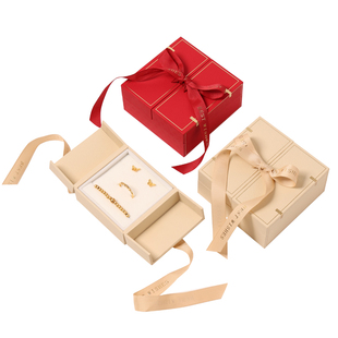 国风黄金首饰盒红色对开蝴蝶结三金盒项链耳钉盒古法金戒指手链盒