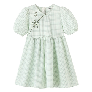 安奈儿童装女童连衣裙2025夏新款中国风格子甜美透气新中式裙子