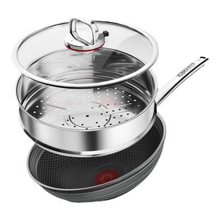 康巴赫六代红点双蜂窝不粘锅家用不锈钢炒锅电磁炉燃气灶专用炒菜