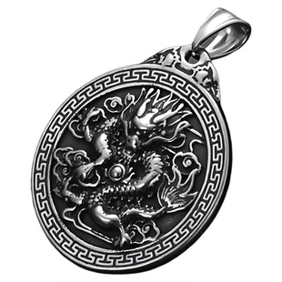 真•龙银元-古法钛钢项链男款潮复古重工中古长款不掉色生肖项坠