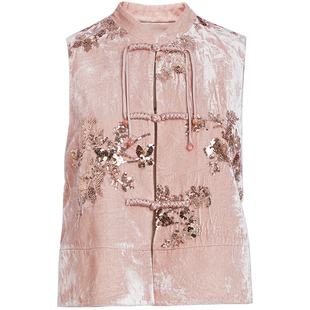 qs秸熙春秋新款改良轻国风丝绒马甲亮片绣花无袖叠穿时尚显瘦外套