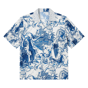 邓为同款衣服浅蓝色浮雕印花古巴领衬衫男短袖高级感夏季痞帅衬衣