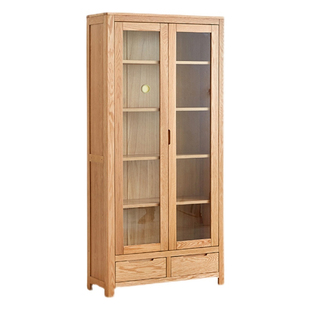 红橡全实木防尘书柜玻璃书架北欧客厅书房书橱收纳双门置物架原木
