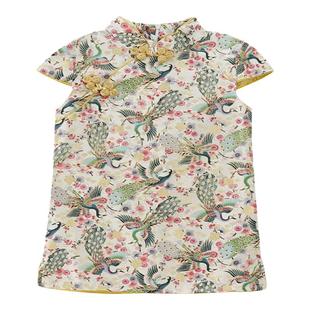 中大女童夏季新款洋气复古格子连衣裙子女孩中国风凤凰图案旗袍棉