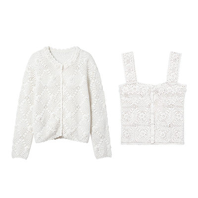 TOP家 秘境花园 法式复古 荃手工立体镂空花朵针织开衫+背心吊带