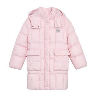 POLOWALK童装秋冬新品连帽中长款女童羽绒服粉色白鸭绒外套