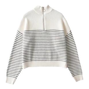 ins酷帅黑白细条纹立领拉链长袖针织衫毛衣女外穿慵懒风上衣外套