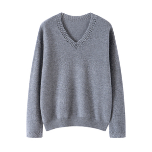 用料扎实~极简风V领钩花镂空山羊绒衫女白色宽松针织打底衫毛衣
