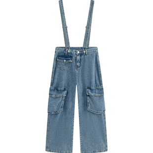 万有引力博物馆 大口袋背带牛仔裤女春秋款宽松直筒裤休闲裤长裤