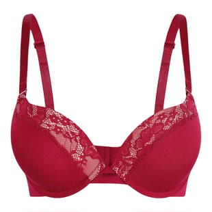 欧美大胸聚拢显大文胸有钢圈上托外扩性感拼蕾丝内衣红色加厚3141