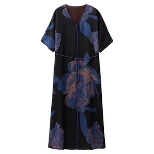 SILVIYE/溯也真丝香云纱绞罗连衣裙100%桑蚕丝V领连肩短袖系带裙