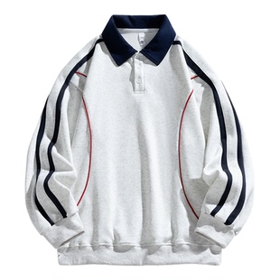悟空有货潮牌秋季撞色拼接POLO领卫衣男复古宽松情侣休闲翻领上衣