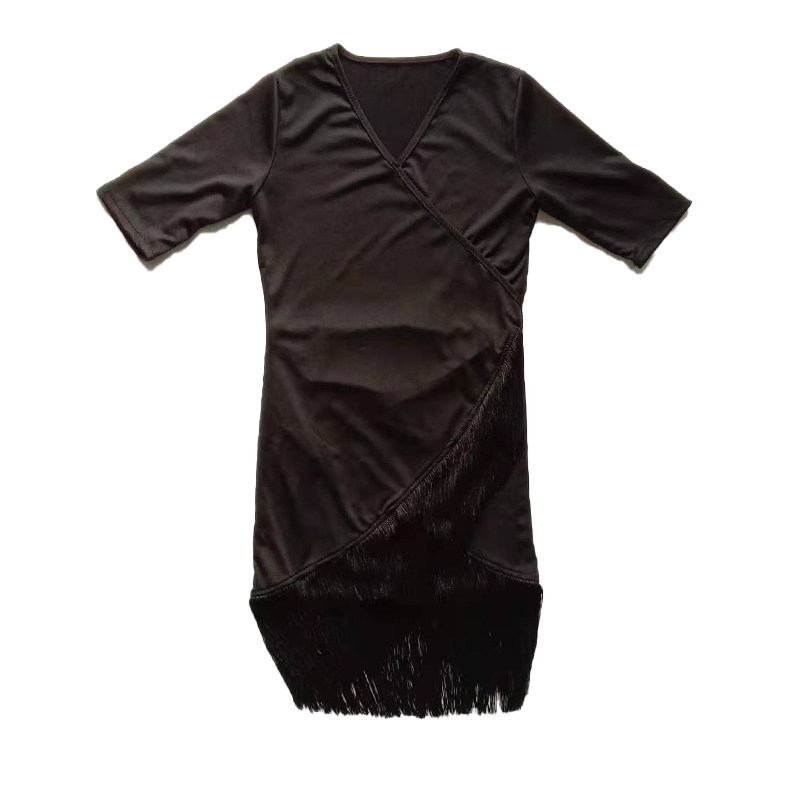 拉丁舞服儿童训练秋季流苏舞蹈服长短款黑色连衣裙表演服装练功服