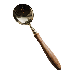 304不锈钢ins法式刀叉勺复古轻奢亮金色木柄圣诞西餐勺叉甜品勺叉