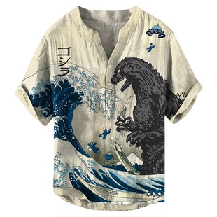 Round neck printed hem pullover shirt 圆领印花卷边套头衬衣男