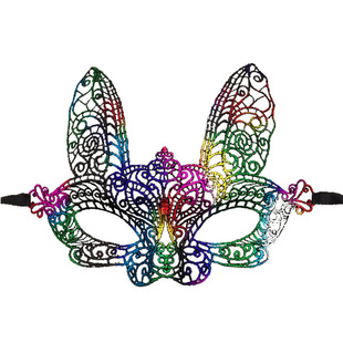 聚会黑色蕾丝眼罩红色炫彩烫金欧美节日派成人性感长耳兔子面具