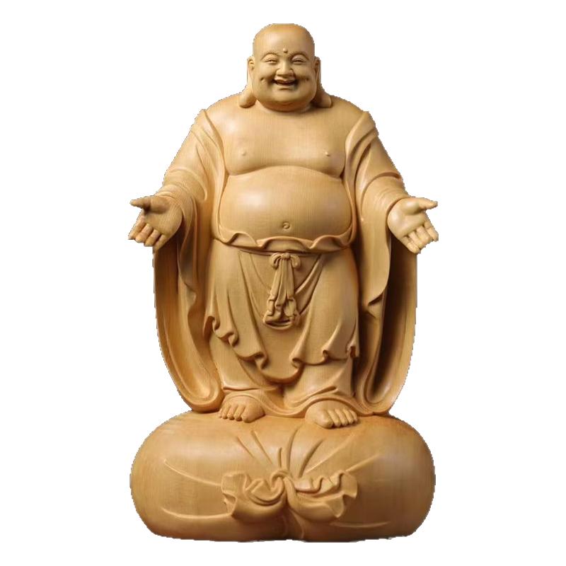 张开手臂弥勒佛木雕摆件桧木摊手