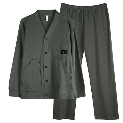 轩靓华夫格睡衣男春秋季纯棉长袖