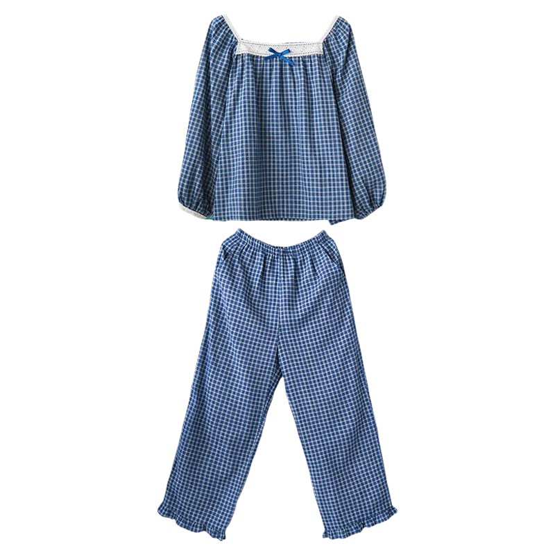 深海蓝格·Fishhome方领纯棉花边睡衣女款2026新款秋季家居服套装
