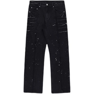 新因素泼墨磨毛做旧嘻哈街头裤子美式高街设计感宽松直筒牛仔裤男