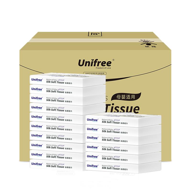 unifree新生儿乳霜纸巾柔润亲肤抽取式100抽16包家用抽纸整箱