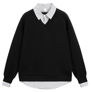 男士黑色假两件卫衣男潮牌男装韩系两件叠穿拼接上衣男款春季新款