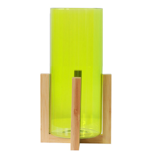 日式木底座透明直筒绿色玻璃花瓶马醉木富贵竹高级感客厅插花摆件
