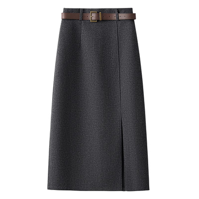 咖色复古毛呢a字半身裙女秋冬