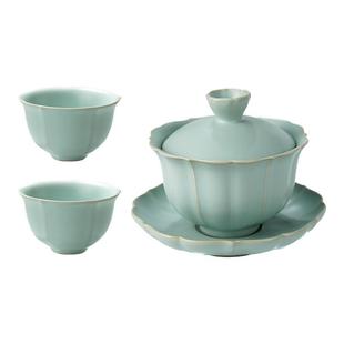 汝窑三才盖碗套装泡茶碗景德镇陶瓷功夫茶具汝瓷盖碗套装礼盒装