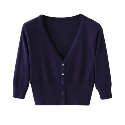 纯色超短款高腰针织开衫中袖上衣