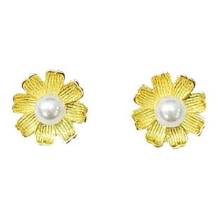 18K金格桑花珍珠耳钉 女小香风纯银镀黄金色小雏菊耳环花朵礼物潮